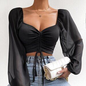 Black Casual Women's Sweetheart Neck Drawstring Lantern Sleeve Crop Top
